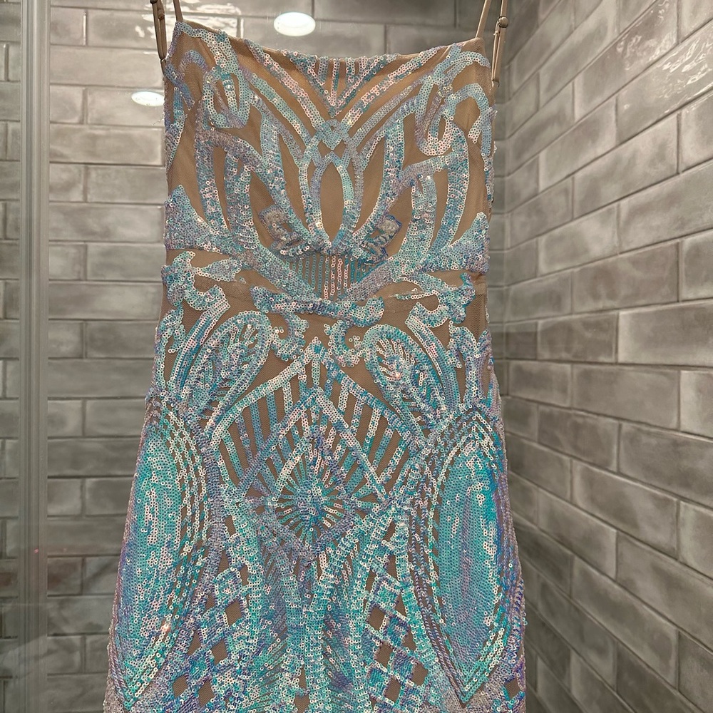 Super cute dress from Lucy in the Sky! It’s nude with reflective sparkles!